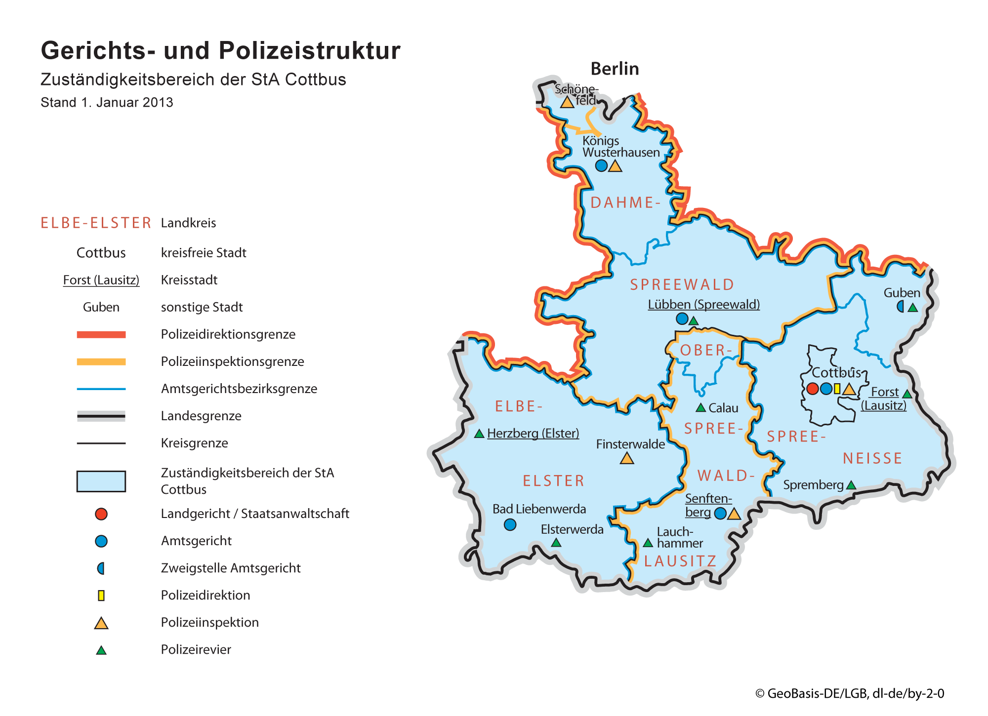 Karte zu der Gerichts- und Polizeistruktur für den Zuständigkeitsbereich der Staatsanwaltschaft Cottbus