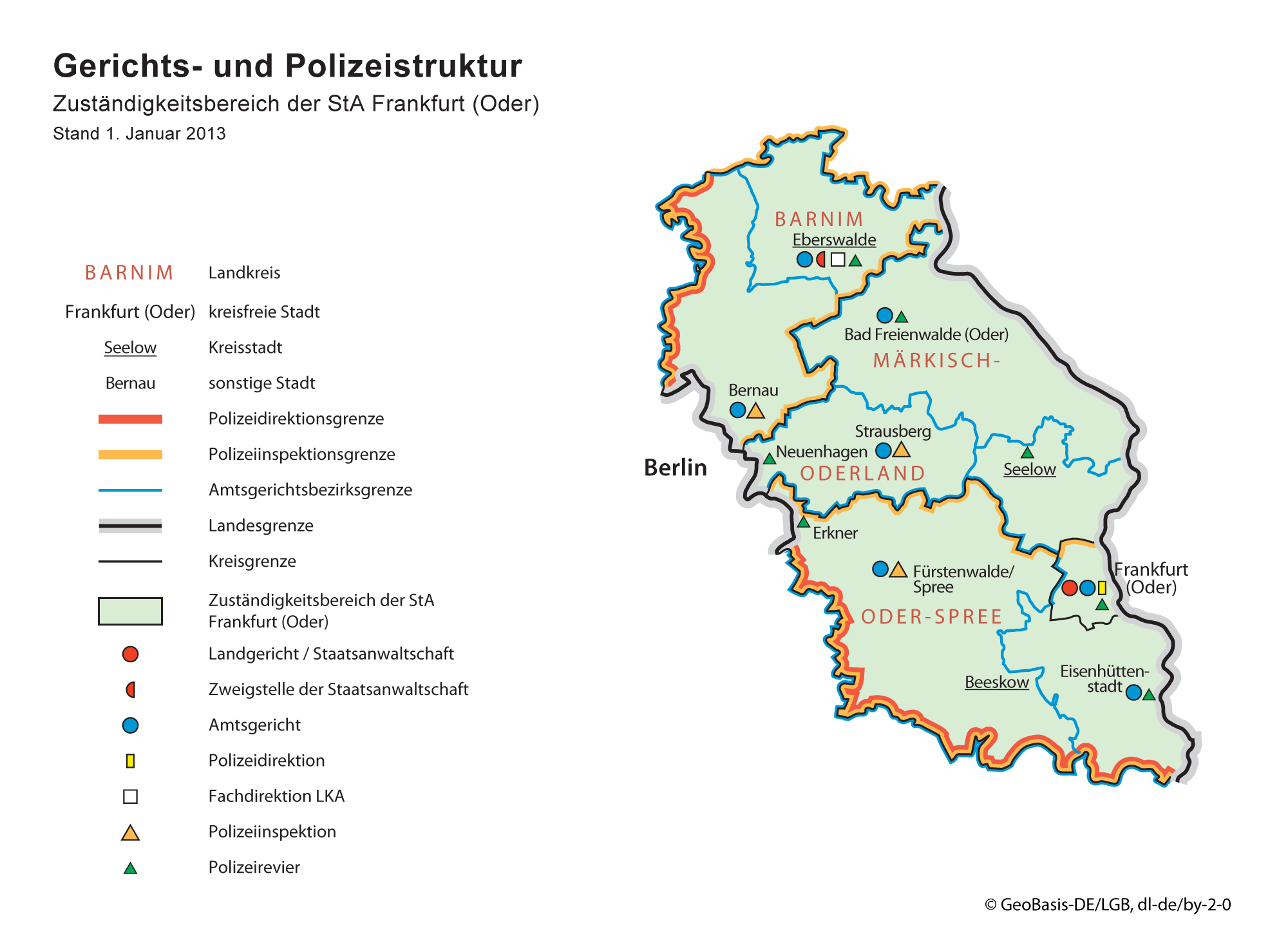 Karte zu der Gerichts- und Polizeistruktur für den Zuständigkeitsbereich der Staatsanwaltschaft Frankfurt (Oder)