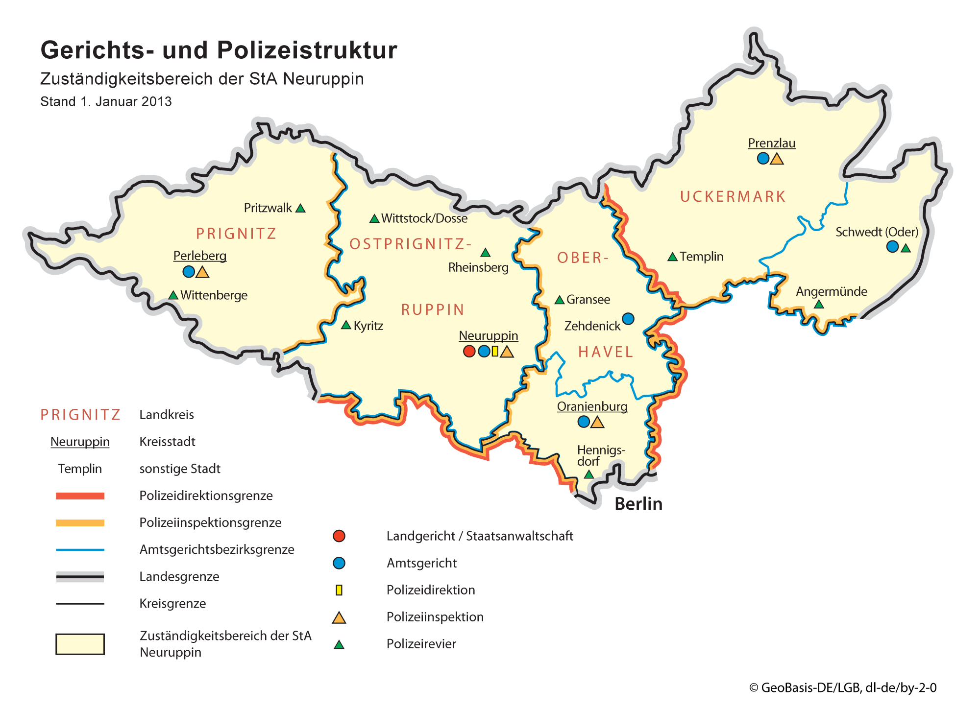 Karte zu der Gerichts- und Polizeistruktur für den Zuständigkeitsbereich der Staatsanwaltschaft Neuruppin